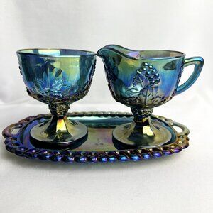 Indiana Vintage Carnival Glass Sugar Creamer Tray Iridescent Blue Harvest Grape